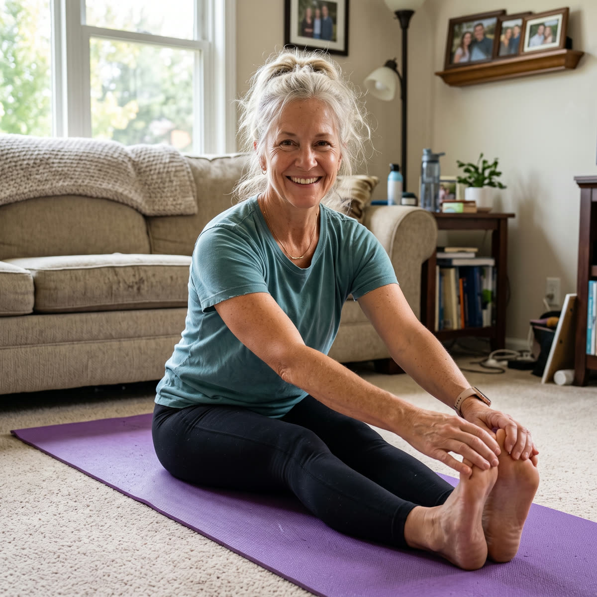 Hero — coach demonstrating a gentle at-home Pilates move